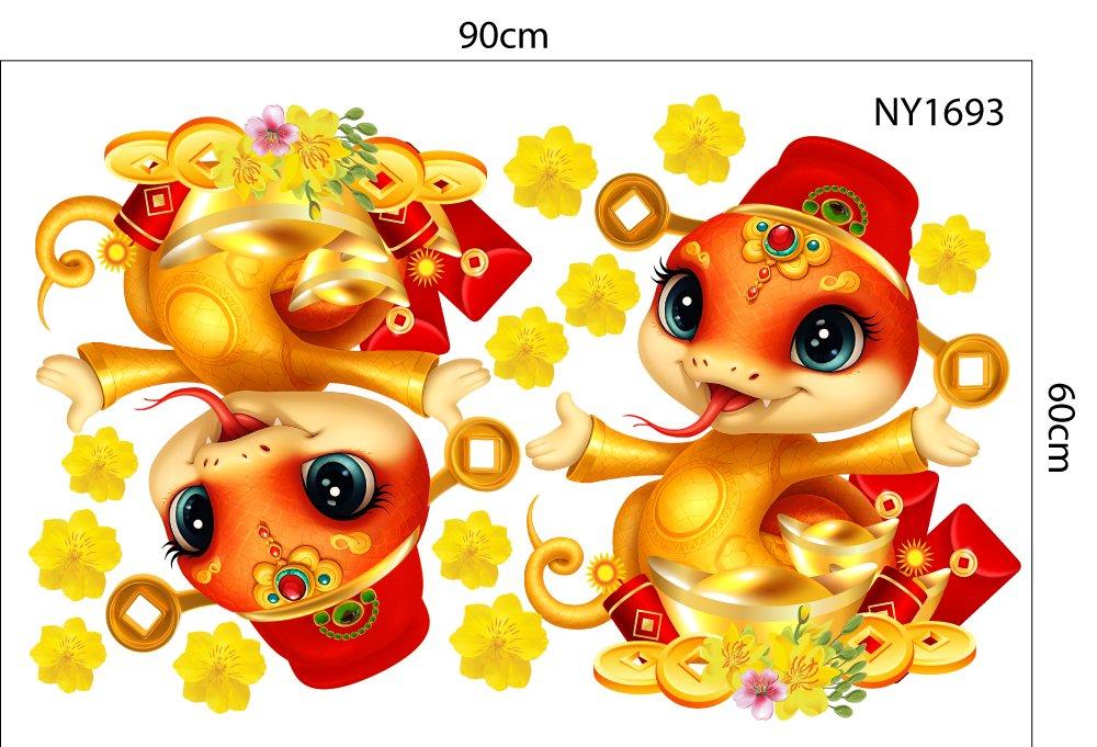 Combo Decal Trang Trí Tết Ất Tỵ bé vui múa lân đón thần tài đến