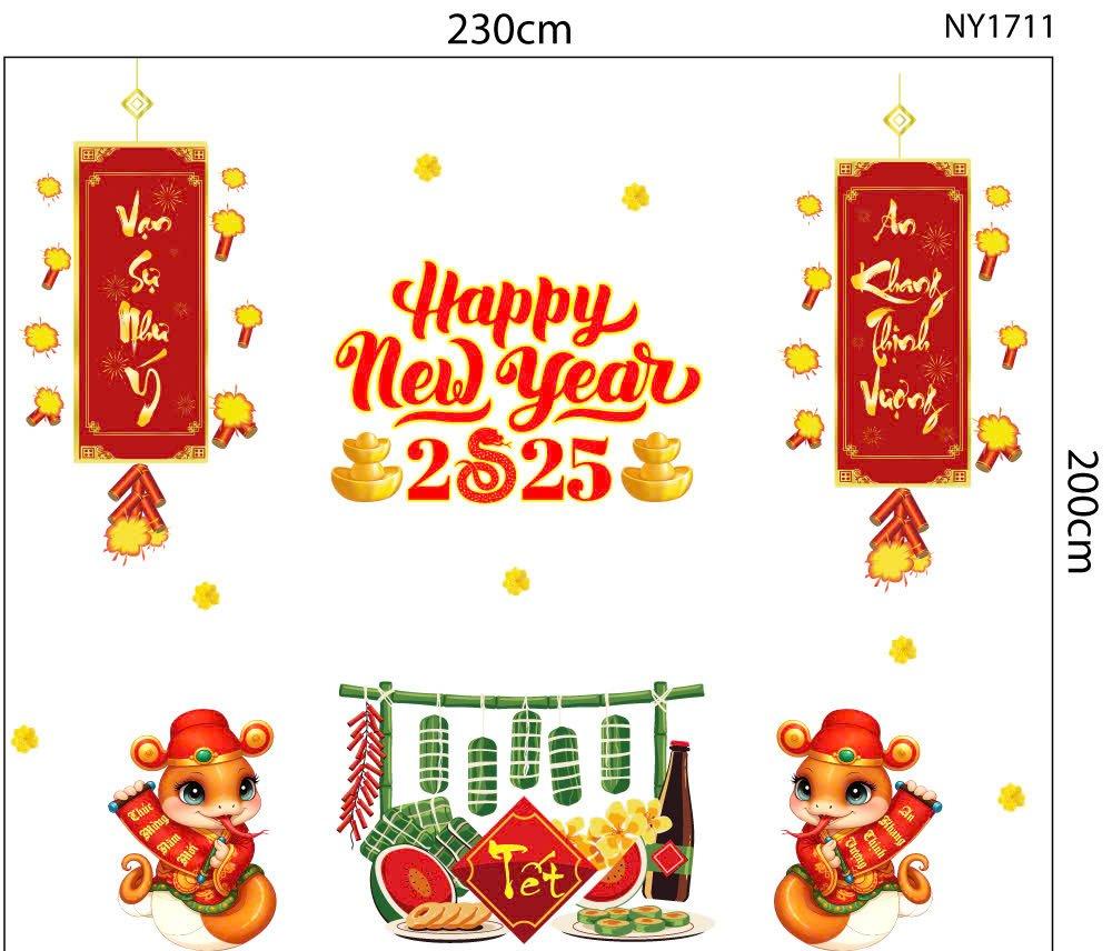 Combo Decal Trang Trí Tết Ất Tỵ năm mới thịnh vượng