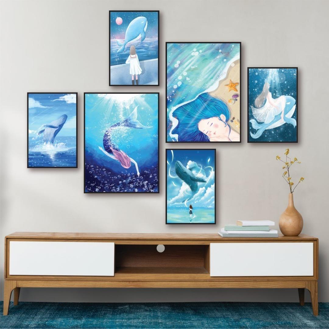 Set 6 Tranh Dán Tường Cảnh Biển Nàng Tiên Cá Và Cá Heo có keo sẵn gồm 4 tranh 10x15cm và 2 tranh 15x20cm