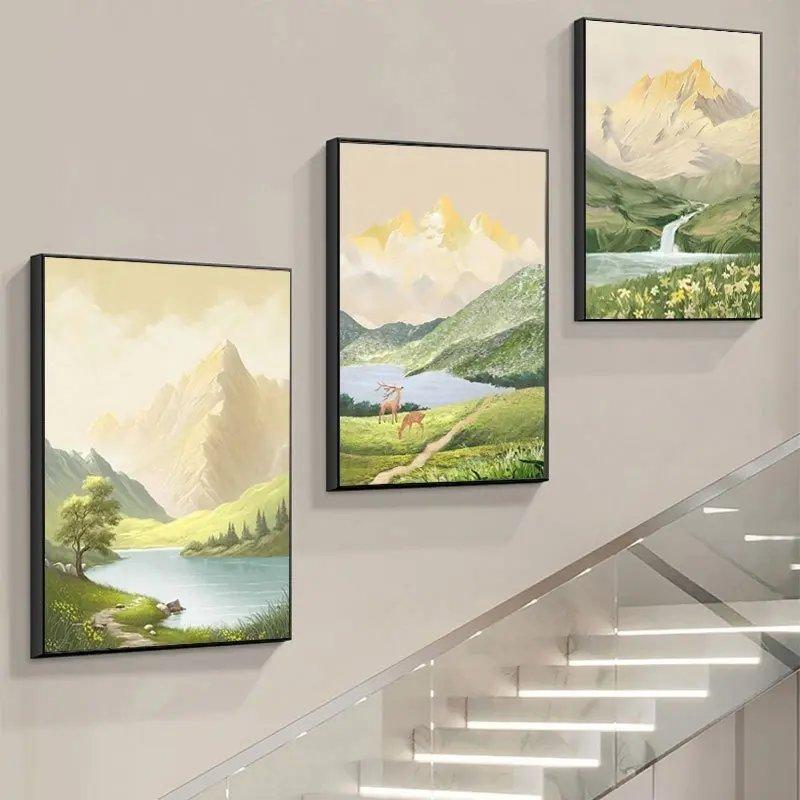 Tranh phong cảnh hươu giữa núi rừng