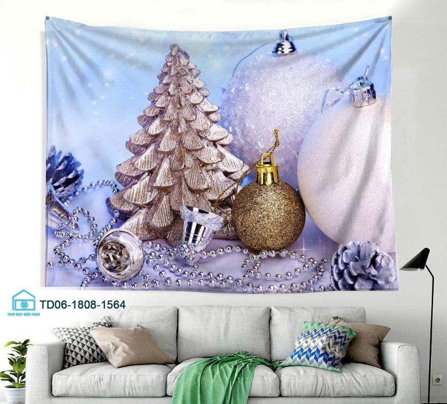 Tranh Vải Treo Tường Trang Trí Noel Cây Thông và Quả Châu Vàng