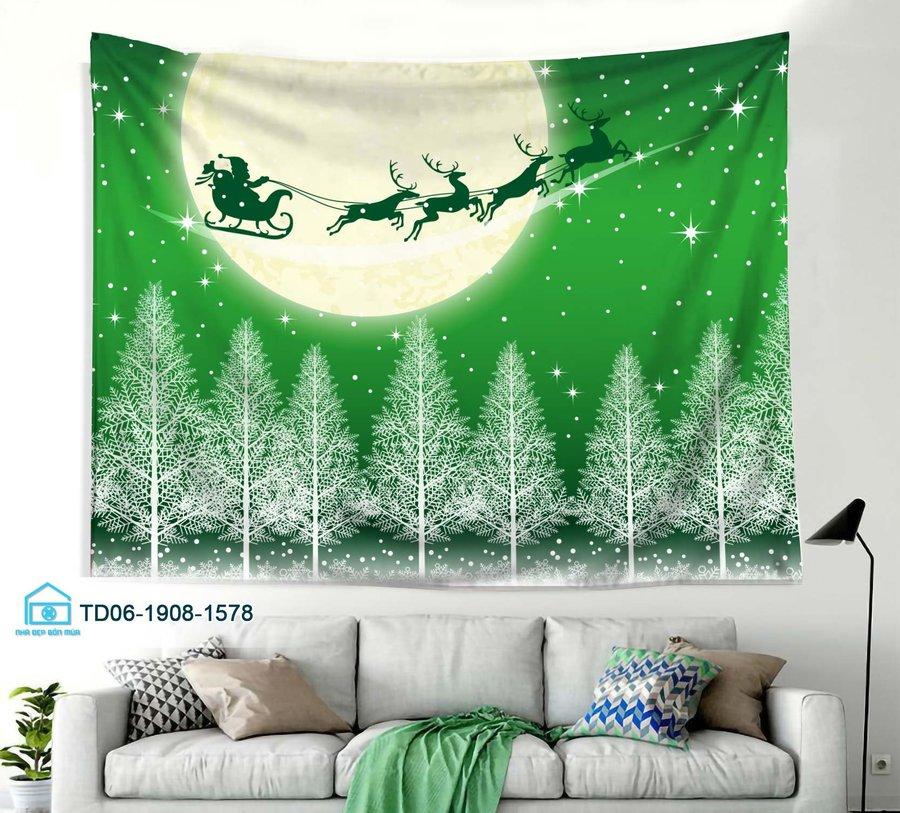 Tranh Vải Treo Tường Trang Trí Noel Rừng Thông Dưới Trăng Xanh Lá