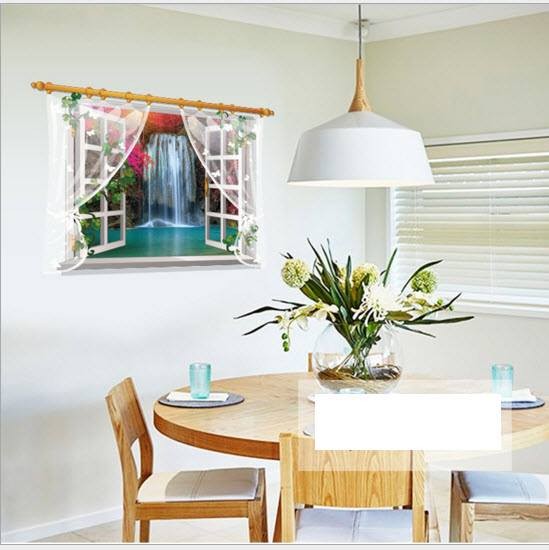 Decal dán tường cửa sổ ren thác nước