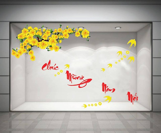 Decal chúc mừng năm mới và cành mai vàng 2