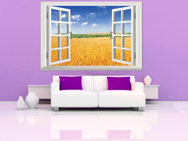 Tranh Dán Tường Cửa Sổ Cánh Đồng Lúa Mì