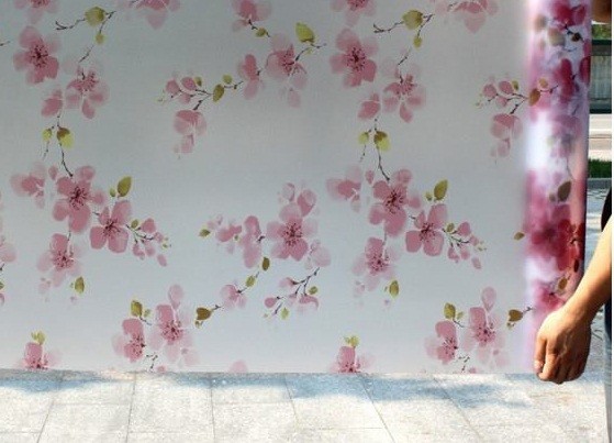 Decal cuộn kính mờ hoa đào đỏ khổ 0.9m