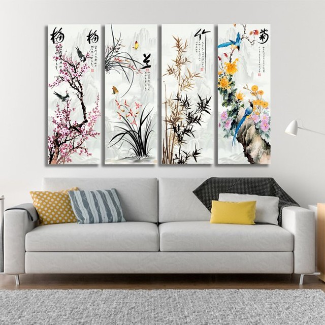 Bộ 4 Tấm Tranh Treo Tường Tứ Quý Đào Lan Cúc Trúc