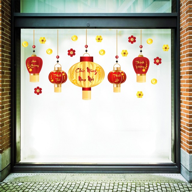 Decal trang trí tết lồng đèn chúc mừng năm mới