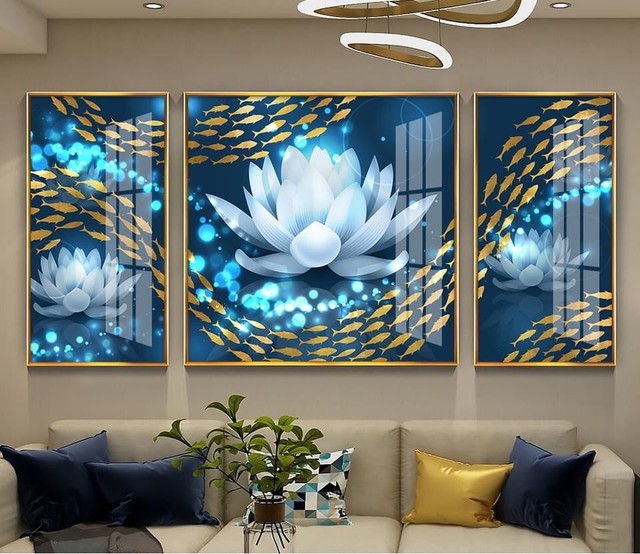 Tranh cá chép hoa sen bạch liên tỏa sáng