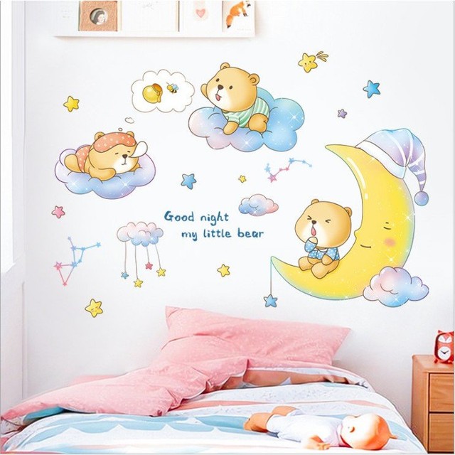 Decal dán tường bầu trời gấu bông