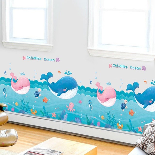 Decal dán tường biển xanh và cá voi