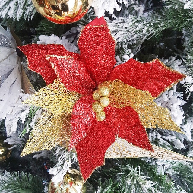 Hoa trạng nguyên nhung đỏ kim tuyến trang trí noel 02