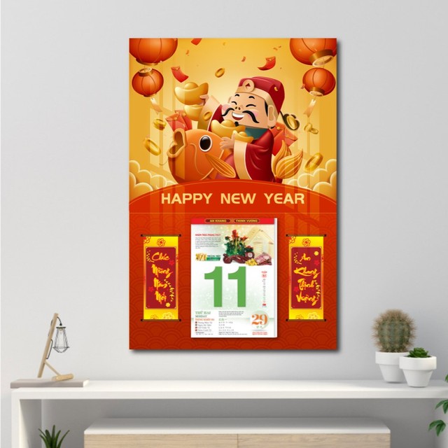 Lịch treo tường happy new year ông thần tài và cá chép
