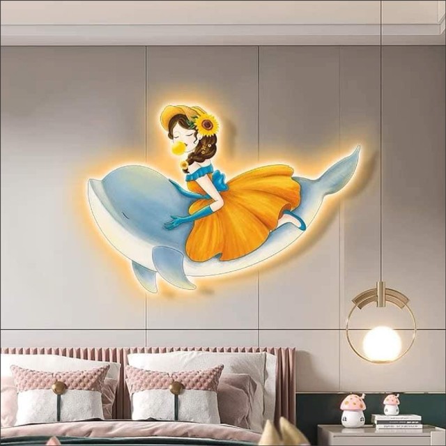 Tranh Đèn Led Tráng Gương Pha Lê Cô Gái Và Cá Heo 2