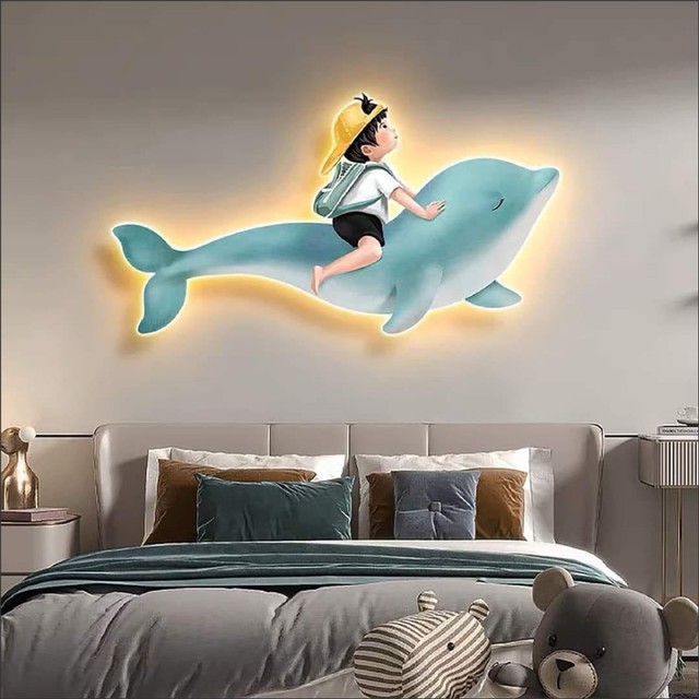 Tranh Đèn Led Tráng Gương Pha Lê Cậu Bé Tinh Nghịch Và Cá Heo Xanh