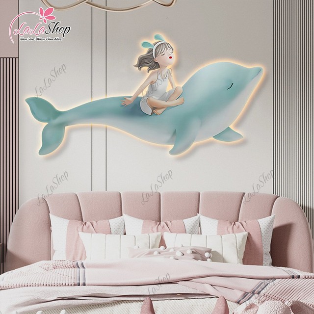 Tranh Đèn Led Tráng Gương Pha Lê Cô Gái Và Cá Heo 6