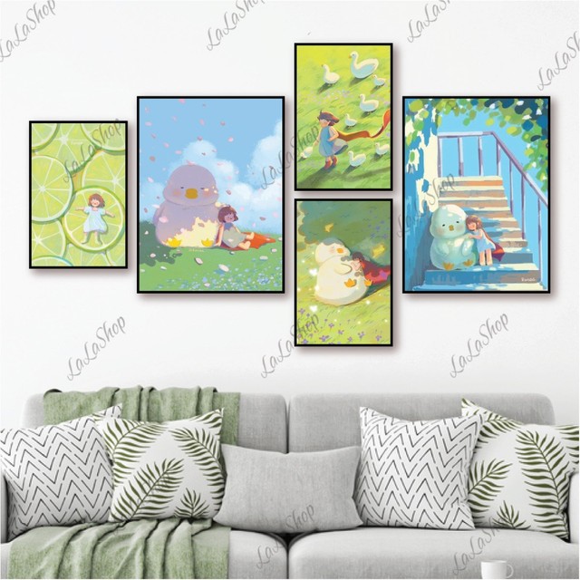 Set 5 Tranh Dán Tường Bé Gái Và Con Vịt Có Keo Sẵn Size vừa: gồm 2 tranh 20x30cm và 3 tranh 15x20cm (S)