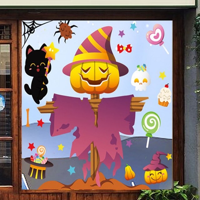 Decal 2 Mặt Halloween Bù Nhìn Kinh Dị Không Keo Chuyên Dán Kính size nhỏ 20x30cm