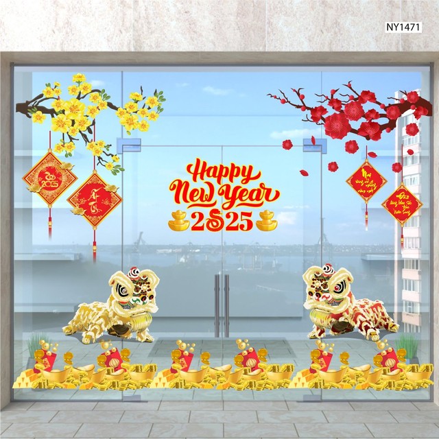 Combo Decal Trang Trí Tết Ất Tỵ 2025 Mai Đào Khoe Sắc