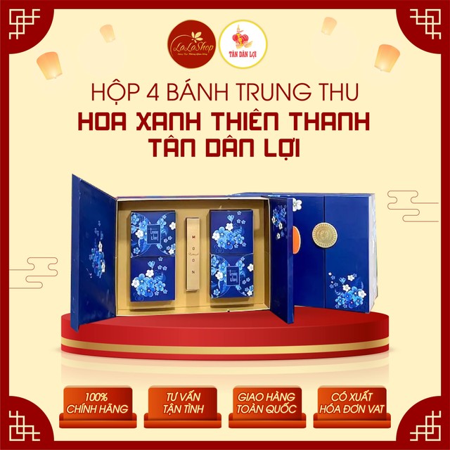 Hộp 4 Bánh Trung Thu Hoa Xanh Thiên Thanh Kèm Trà Tân Dân Lợi