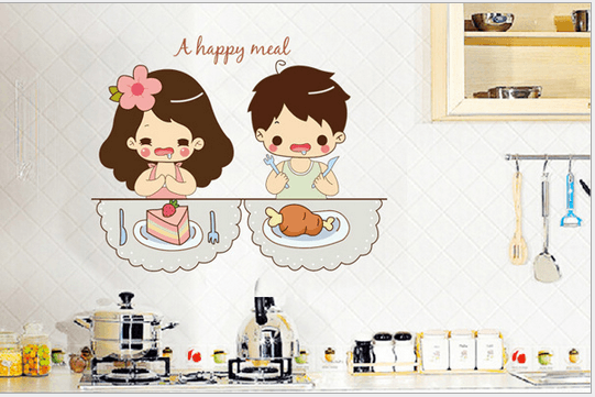 Decal dán tường Bé ăn bánh gato đùi gà