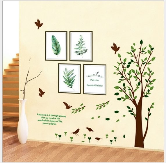 Decal dán tường combo cây xanh và khung ảnh lá xanh