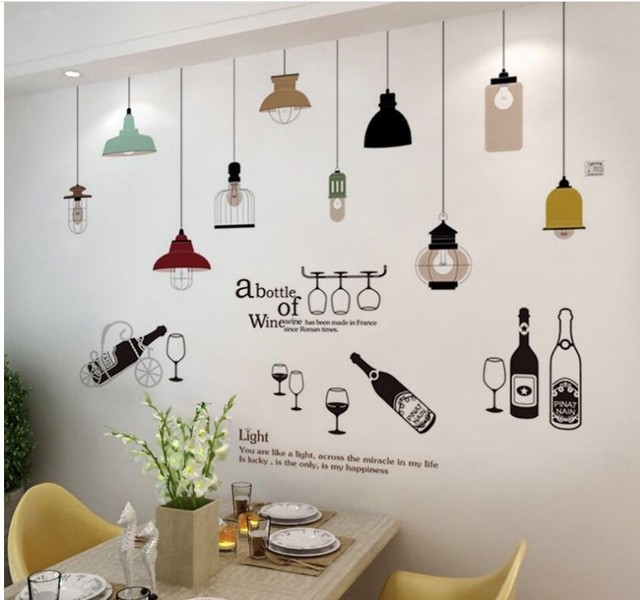 Combo decal dán tường chùm đèn đủ màu 2 và chai rượu to