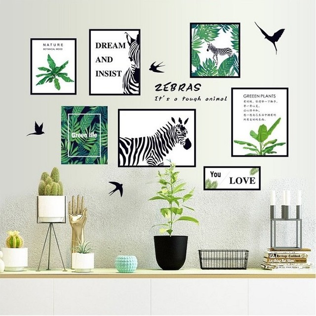 Decal dán tường bộ khung hình lá xanh ngựa vằn