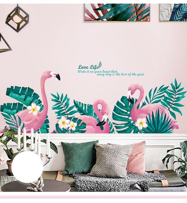 Decal dán tường hồng hạc và lá xanh