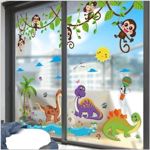 Combo Decal dán tường vườn thú khủng long và khỉ