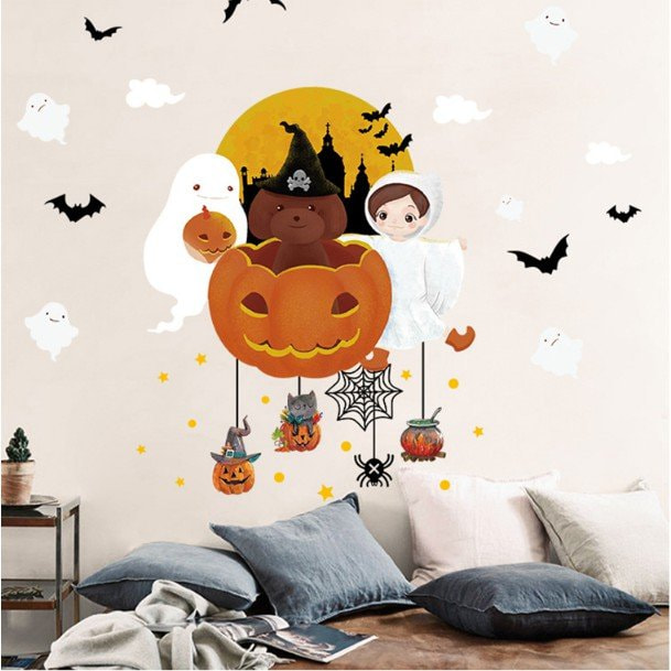 Decal 2 mặt trang trí halloween bóng ma và bí ngô