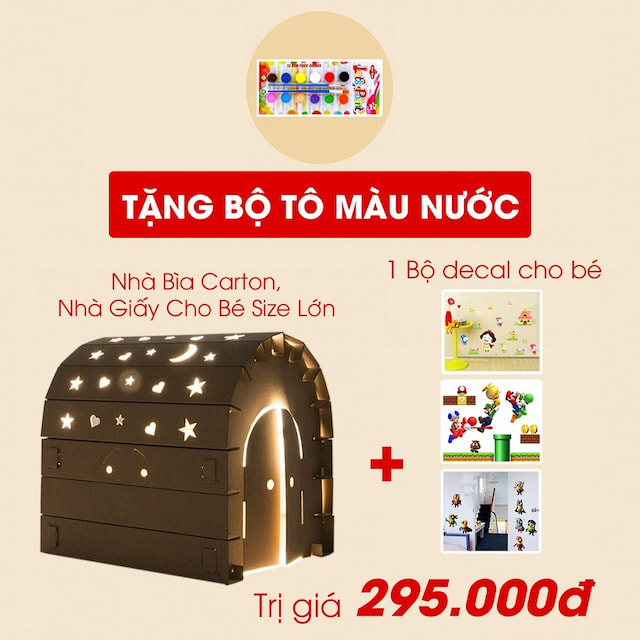 Combo Nhà bìa carton và decal cho bé ( Tặng bộ tô màu nước )