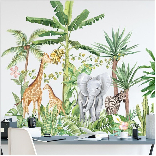 Decal dán tường vườn thú động vật hoang dã rừng xanh