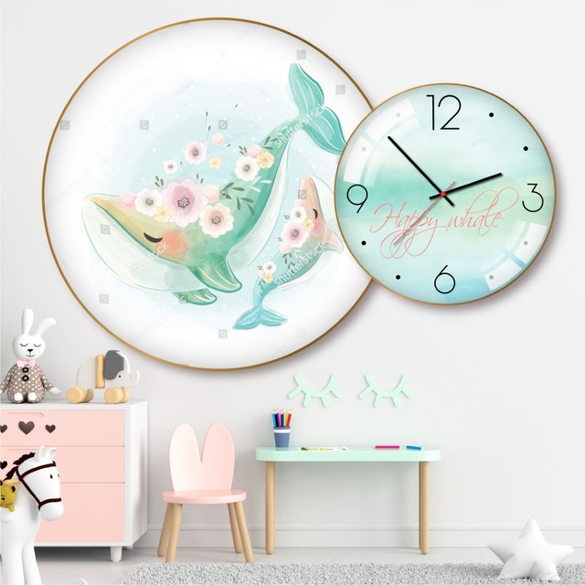 Tranh Đồng Hồ Treo Tường UV Pha Lê Bóng Happy Whale