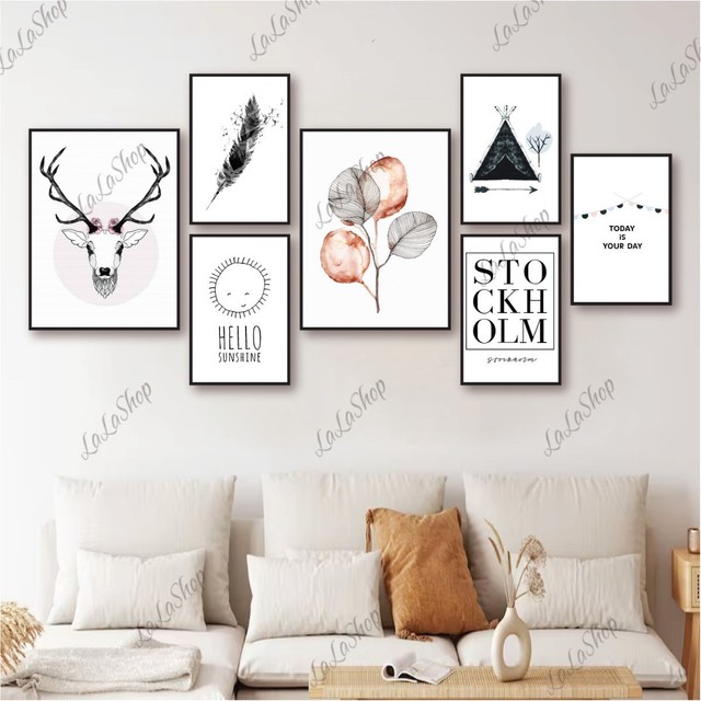 Set 7 Tranh Dán Tường Hươu Và Lá Nghệ Thuật Có Keo Sẵn gồm 5 tranh 10x15cm và 2 tranh 15x20cm (S)