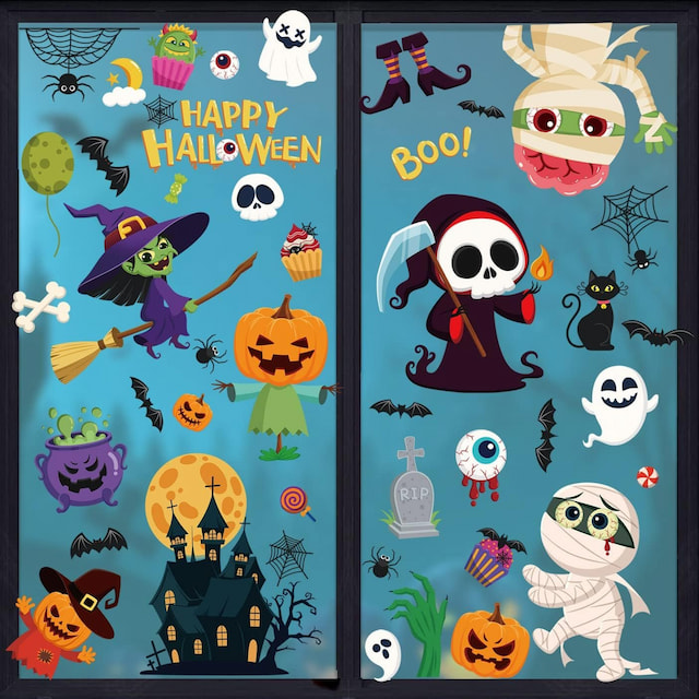 Combo 9 Tấm Decal 2 Mặt Trang Trí Happy Halloween Không Keo Chuyên Dán Kính