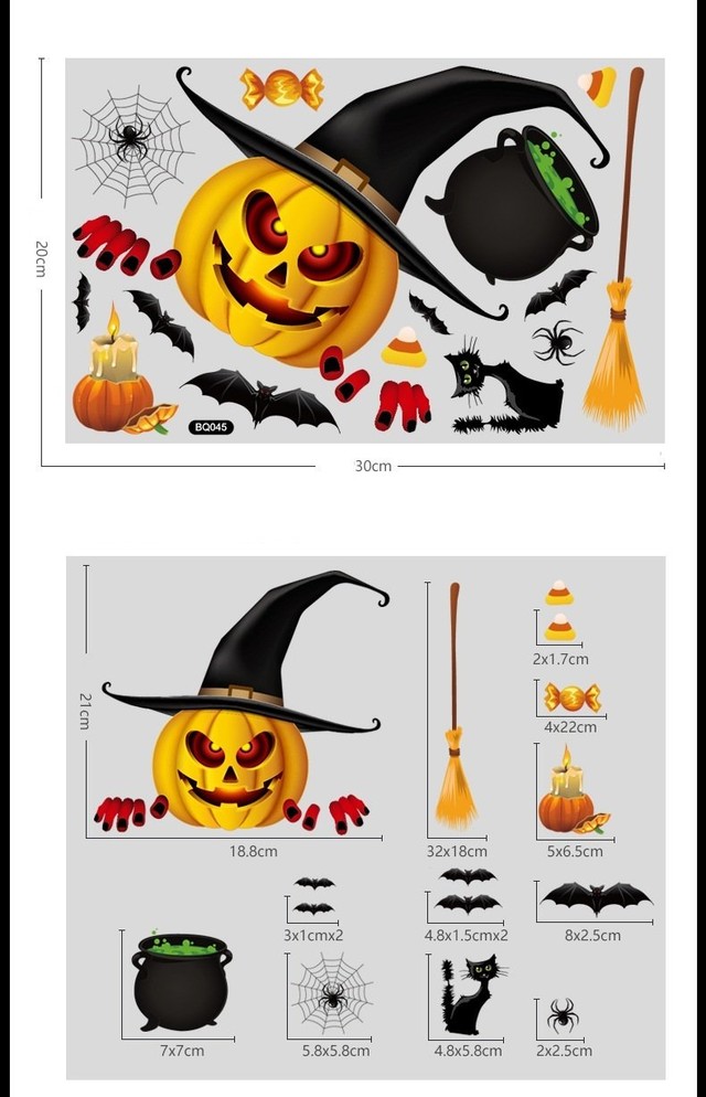 Decal 2 Mặt Trang Trí Halloween Bí Ngô Bong Bóng Và Dơi Không Keo Chuyên Dán Kính size nhỏ 20x30cm