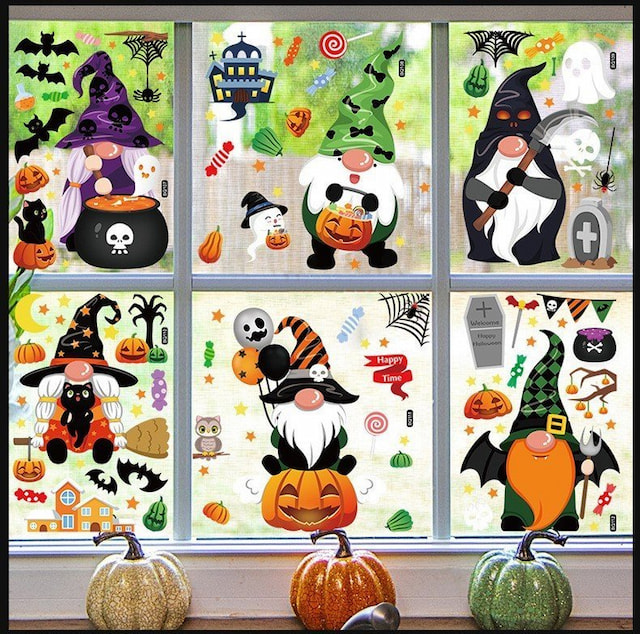 Combo 6 Tấm Decal 2 Mặt Trang Trí Halloween Phù Thủy Không Keo Chuyên Dán Kính