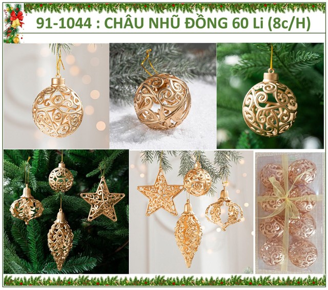 Hộp 8 châu tròn 6cm màu nhũ đồng trang trí noel