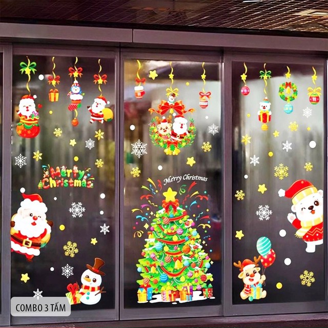 Combo decal trang trí noel 2 mặt tĩnh điện cây thông noel và những người bạn