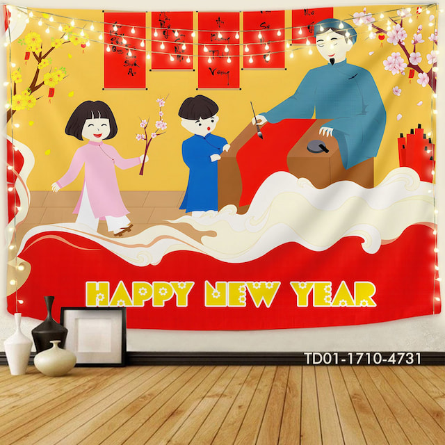 Tranh vải treo tường trang trí tết happy new year