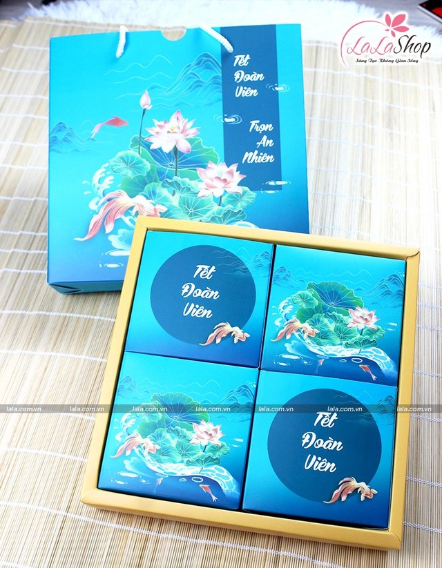 Vỏ Hộp đựng bánh trung thu 4 bánh ngư châu liên hoa
