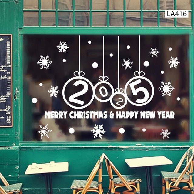 Decal trang trí Noel Merry christmas & Happy new year 2025 chữ trắng