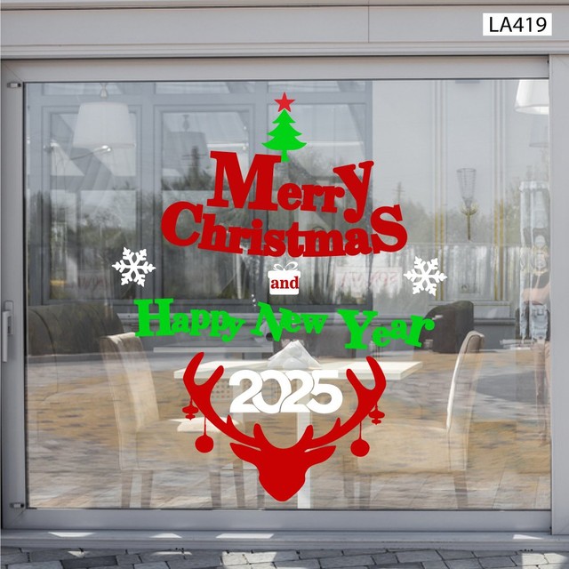 Decal trang trí Noel Merry christmas & Happy new year 2025 và tuần lộc đỏ vui nhộn