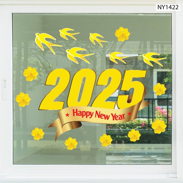 Decal Trang Trí Tết Happy New Year 2025 Và Én Vàng