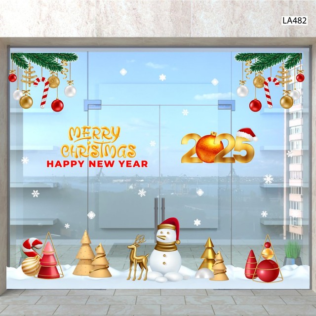 Combo Decal Trang Trí Noel Merry Christmas Người Tuyết Và Tuần Lộc Vàng