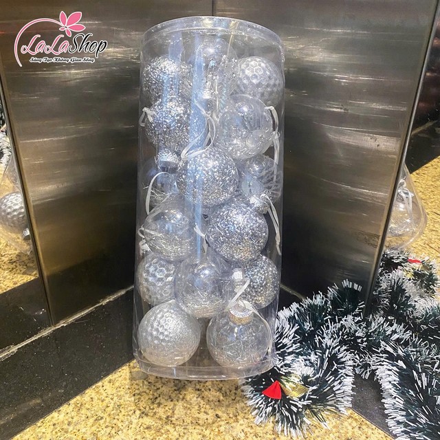 Hộp 24 Quả Châu Màu Bạc Lấp Lánh 8cm Trang Trí Noel