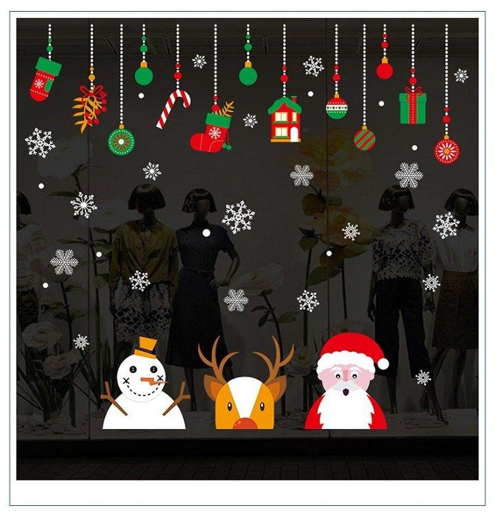 Decal trang trí noel ông già Noel cùng tuần, người tuyết và dây treo