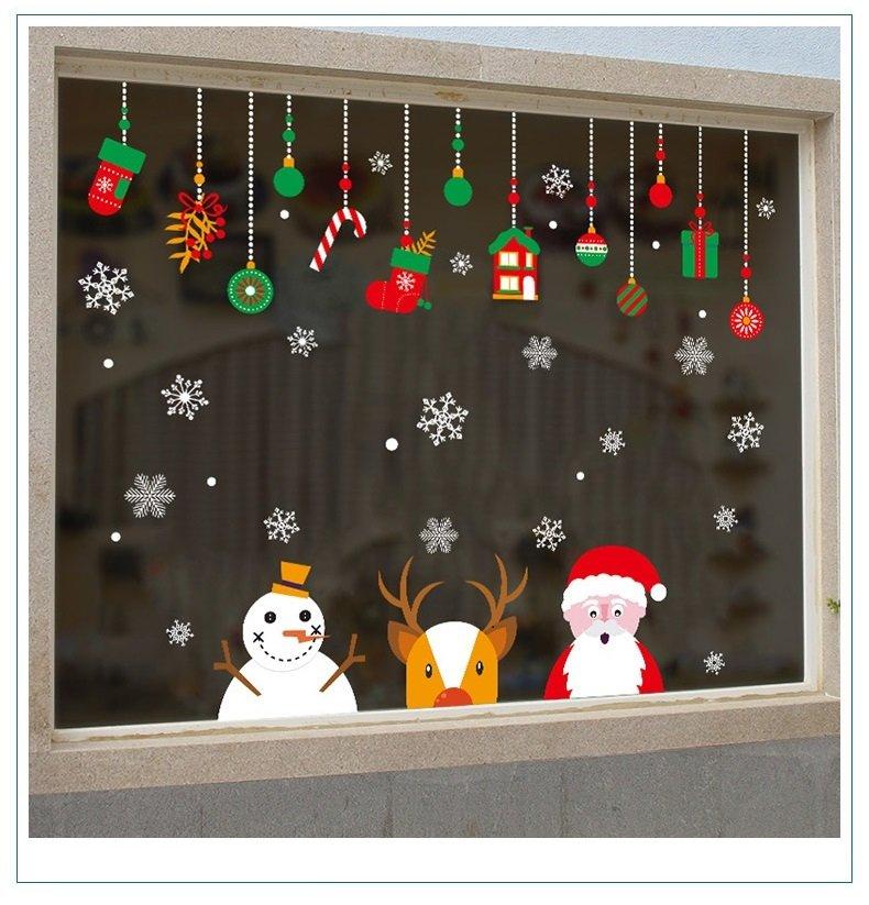 Decal trang trí noel ông già Noel cùng tuần, người tuyết và dây treo