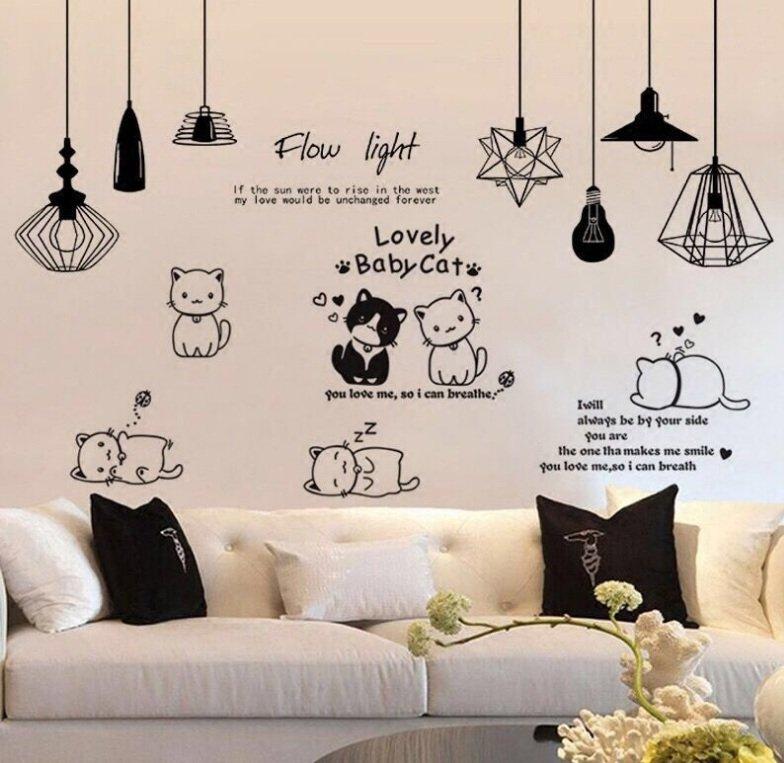 Combo decal dán tường chùm đèn trắng đen và đàn mèo tinh nghịch
